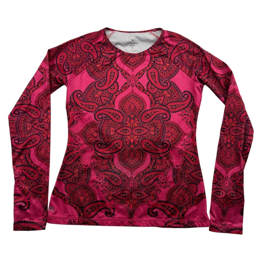 Athleta Sierra Nevada  Pink Red Black L/S Shirt Top Crew Neck Paisley Sz S